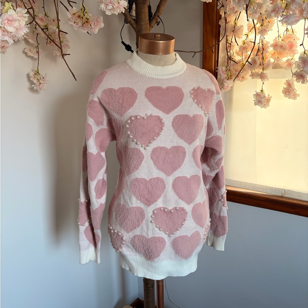 Pink Heart Patterned Sweater